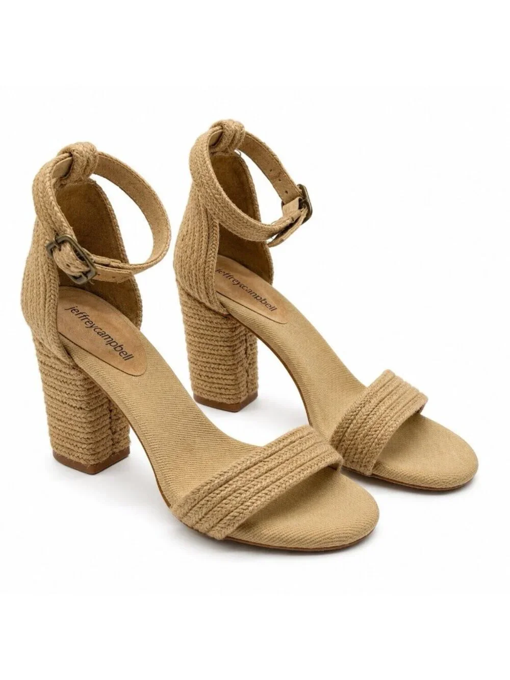 Jeffrey Campbell Espadrille Ankle Strap Sandals 7 Tan Beige Jute Block Heel Boho